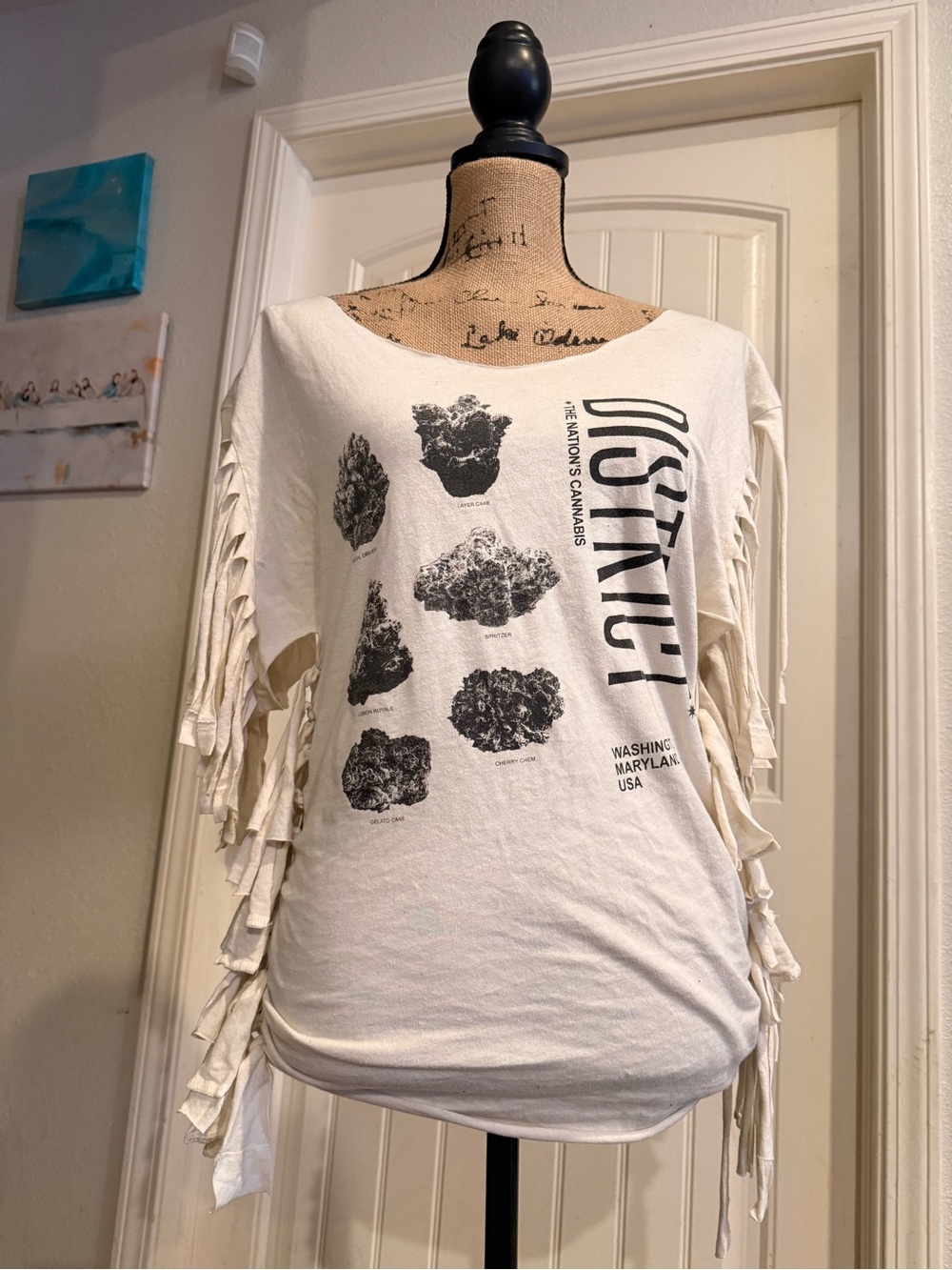 District Cream Fringe-Sleeve Graphic Tee with Black Print